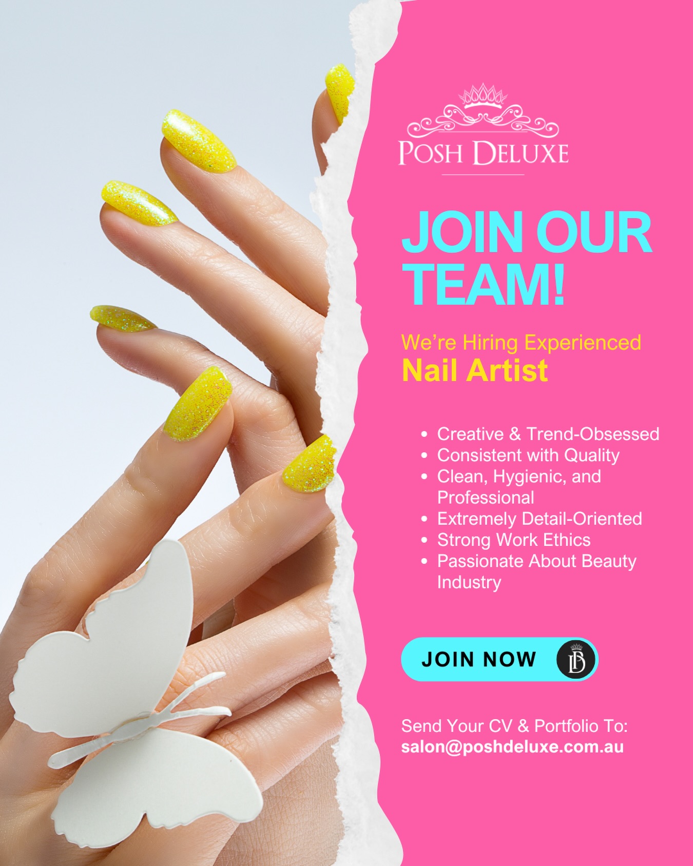 ⭐ Posh Deluxe Is Hiring an Experienced Nail Artist! ⭐
Join a fun, supportive, and positive beauty team in Mount Pleasant.
We’re looking for someone who is not only skilled — but someone who genuinely LOVES what they do and enjoys working around other lash & brow artists who are happy, kind, and passionate about beauty.🥰
At Posh Deluxe, we’ve created a space full of good energy, laughter, and teamwork, and we’d love to welcome someone who fits perfectly into that environment.
✨ This position will start in February 2026.
We’re accepting applications now for artists who are planning ahead and want to secure a beautiful new space early.
✨ Who We’re Looking For:
✔️Experienced, creative, and confident in modern nail techniques
✔️Can work well in a fun, friendly team environment
✔️Open-minded and easy to get along with
✔️Clean, hygienic, and professional
✔️Detail-oriented with consistent quality
✔️Positive attitude and strong work ethics
✔️Passionate about the beauty industry and continuous growth
💗 About Working With Us:
You’ll be part of a beautiful studio surrounded by lash & brow artists who genuinely support and uplift each other.
We’re all about good vibes, respect, and delivering beautiful results to our clients.
💌 Apply Now
Send your portfolio & CV to: salon@poshdeluxe.com.au
#perthnails #poshdeluxe #perthnailtech #perthnailstylist #perthnailart #perthnailsalon #perthnailartist #nailartistperth #nailsperth #nailtechnician