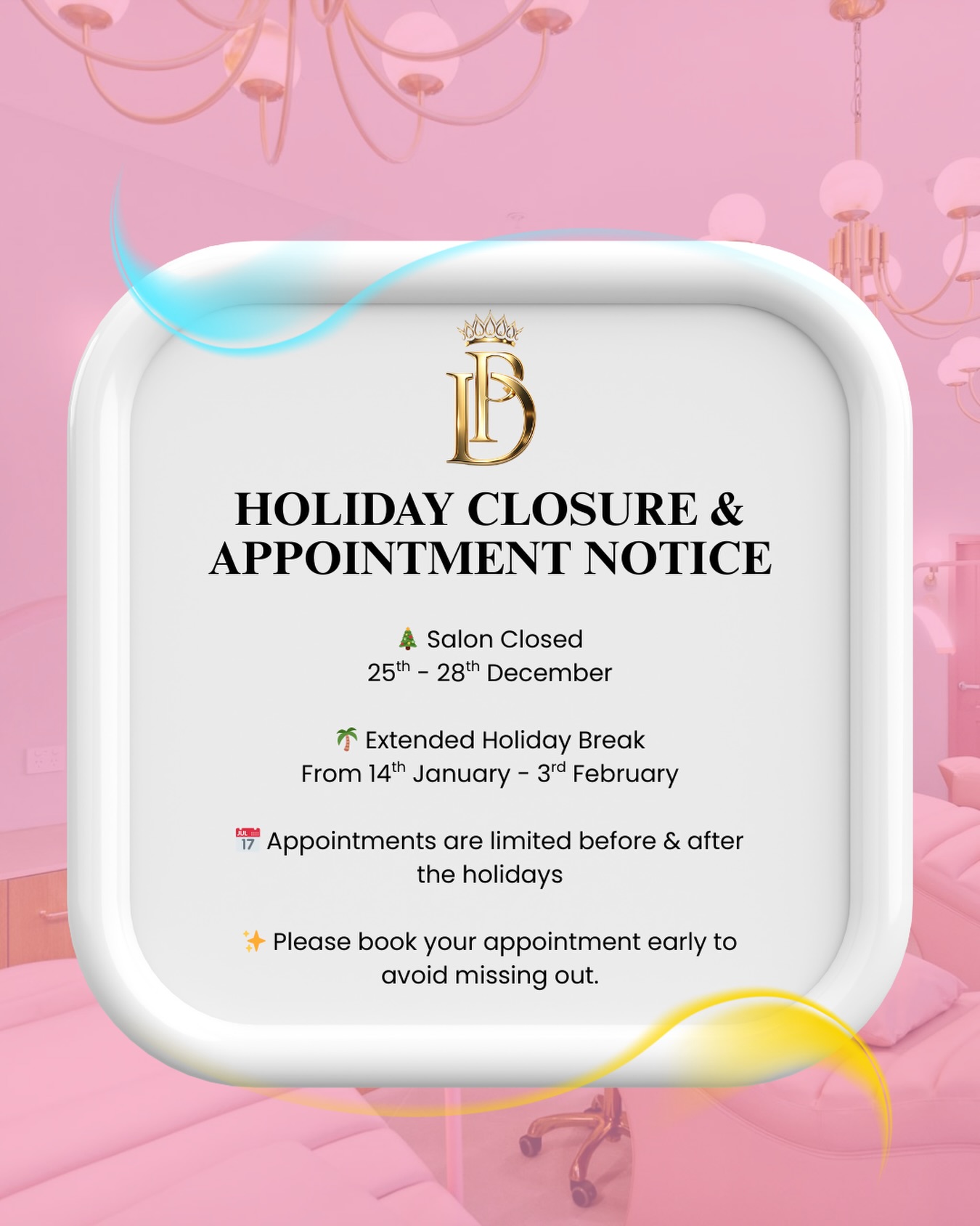 ✨ Holiday Closure & Booking Reminder ✨
With the holiday season approaching, we’d like to let you know our salon closure dates so you can plan ahead.
🎄 Closed: 25th – 28th December
🌴 Extended holiday break: 14th January – 3rd February
Appointments before the holidays and into the New Year are very limited, so we highly recommend booking early to secure your preferred date and time.
📲 Book via the link in bio
💬 Or message us if you need help choosing a service
We also want to take a moment to say thank you for supporting a small business like us 🤍
This will be the longest break Posh Deluxe has ever taken, and honestly — we really need it.
This time away will allow us to rest, reset, and come back refreshed, inspired, and ready to serve you with a new and even better us.
Thank you for your understanding, kindness, and continued support. We can’t wait to pamper you before the break ✨🤍
— Paola & the Posh Deluxe Team