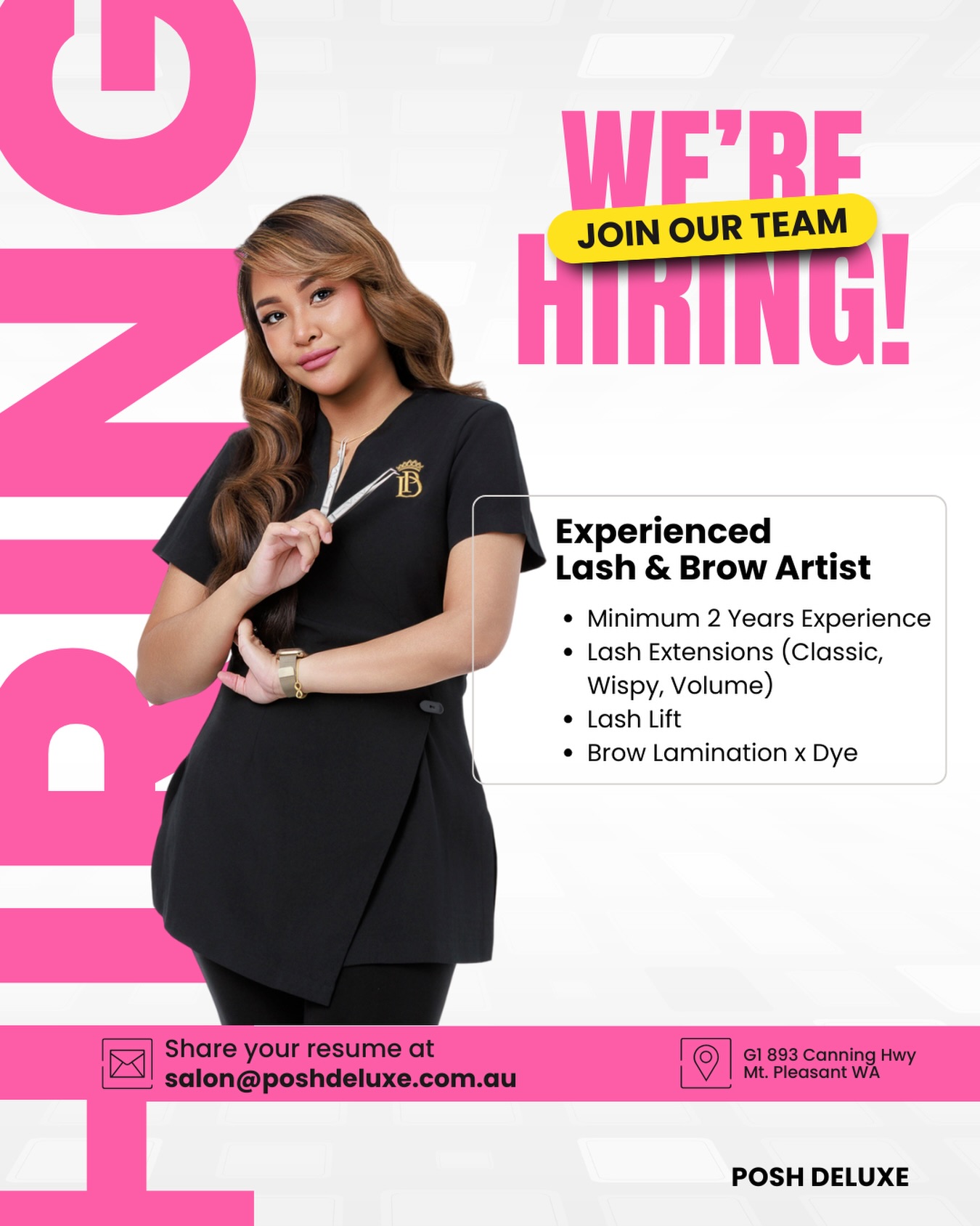 ✨ WE’RE HIRING ✨
Casual / Part-Time Experienced Lash & Brow Artist
Posh Deluxe is growing and we are looking for a talented Lash & Brow Artist to join our team in Mount Pleasant. If you love creating beautiful lashes and brows and enjoy working in a professional and friendly salon environment, we would love to hear from you.
Requirements:
• Minimum 2 years experience
• Skilled in Lash Extensions (Classic, Wispy & Volume)
• Lash Lift
• Brow Lamination & Brow Dye
• Must be available on Saturdays
📍 G1 893 Canning Highway, Mount Pleasant WA
If you think you would be a great fit for our team, please send your resume and work photos to:
📧 salon@poshdeluxe.com.au
👆👆👆
Alright…
I knoooow… It’s Chat GPT that wrote that!
It’s Paola here! Please hear me out.🤭
Hello ladies! I hope you are all doing alright! I am searching for THE ONE! That will become the next family member of #PoshDeluxe - who would become not just be a staff but someone that would want to grow with us!
You could be someone who is already working from home for years! But couldn't seem to be finding it so fun working alone. Or someone who feels too exhausted running your own beauty business.
You could also be someone who has been in this industry for quite some time and is really waiting for this opportunity to work in a high-end luxurious salon that has a team leader that is so fun to be with and work will never feel like a job! ❤️
We celebrate little wins and of course big wins…
We love you to improve your skills…
We play when we can…
We laugh… We share…
We nurture each other..
All I can say is… this is the best work place you’ll ever be. I cannot promise you’ll be millionaire with me but I can promise you will be very rich with amazing knowledge and skills with me.
I am looking for someone very genuine, kind, and honest beautiful soul that would join us.
If you feel like this is you, I think you should send us your CV at salon@poshdeluxe.com.au ❤️ I’d love to hear from you. 😘
-Paola ☺️
