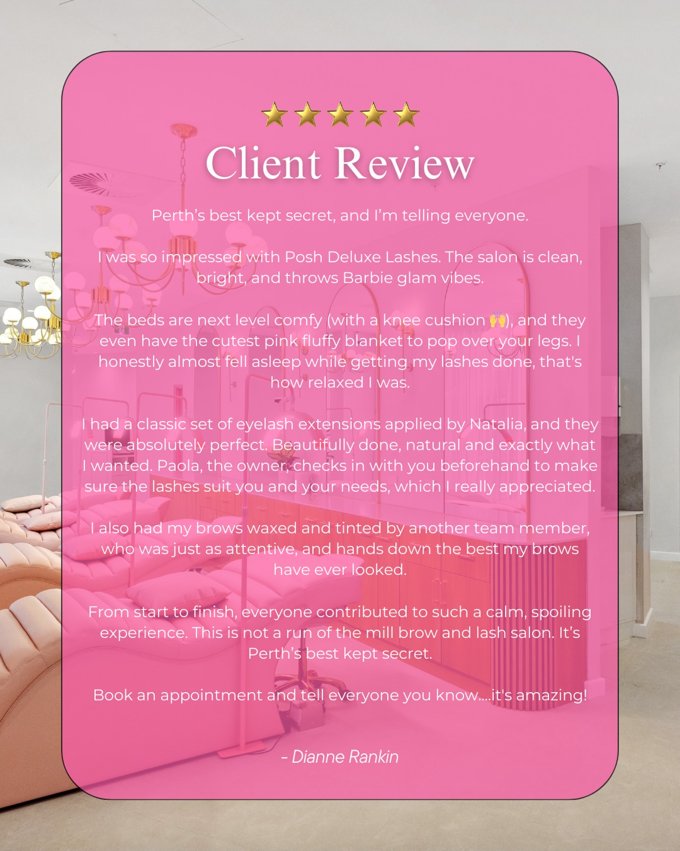✨ This review honestly made our hearts so full ✨

We don’t always share reviews like this… but when one comes in that truly captures why we do what we do, we had to pause and say thank you.

Thank you, Dianne, for taking the time to write such a thoughtful and generous Google review. Reading this reminded us that it’s not just about lashes or brows — it’s about how someone feels from the moment they walk in, relax, and feel genuinely cared for.

From the calm space, to the little comforts, to our team checking in and really listening — this is exactly the experience we hope every client has.

Receiving words like this means more than you know. As a small business, moments like these truly keep us going 🤍

— Paola & the Posh Deluxe team ✨

⭐️⭐️⭐️⭐️⭐️

#PerthLashes #ClientLove #PoshDeluxe #PerthBeauty #SmallBusinessPerth